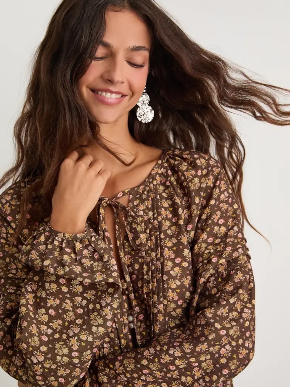 DR2 Brown Floral Tie-Neck Peasant Blouse